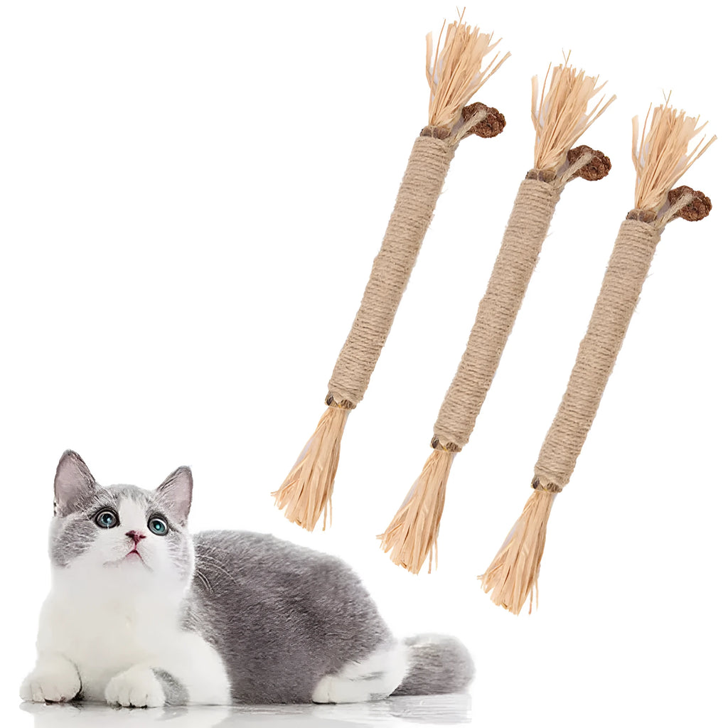 3 natural silvervine chew sticks for cats with sisal rope, thick and fine diameter options