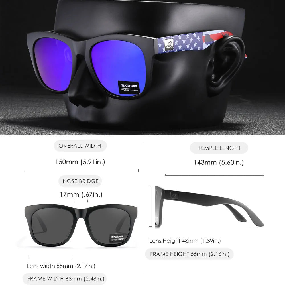 Polarised sunglasses with TAC lenses and PC frame for UV protection during outdoor activities.