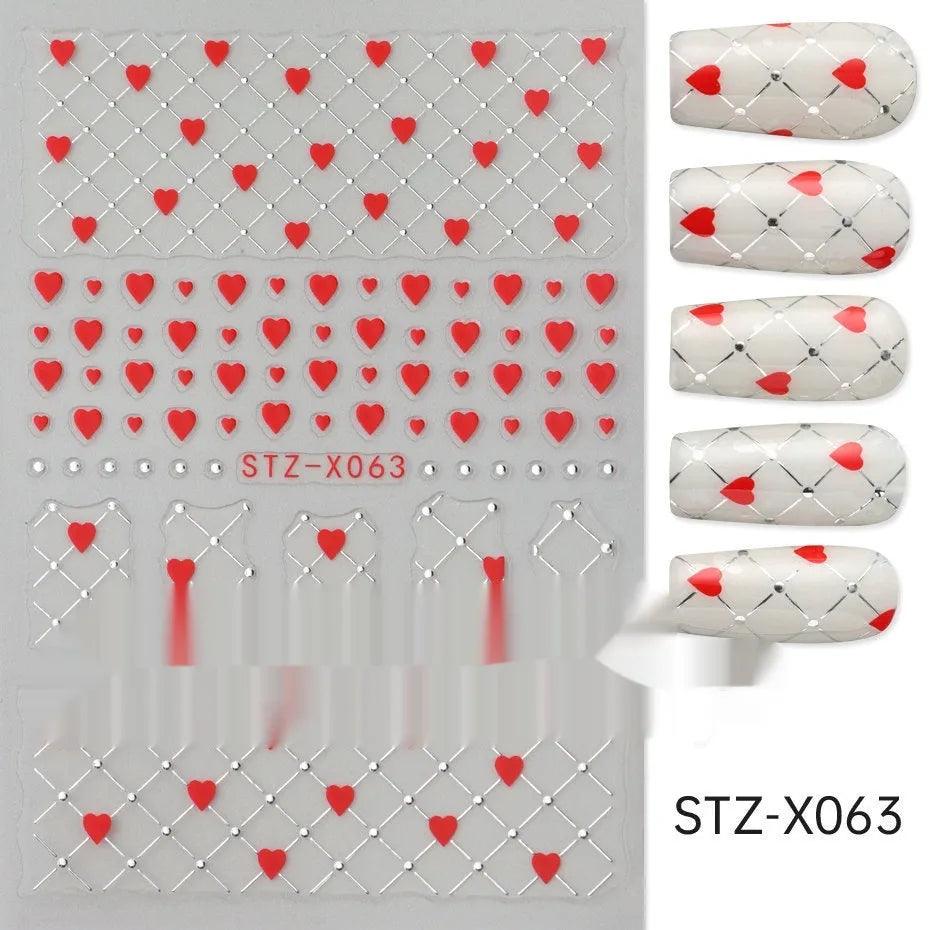 Pack of black and silver strip nail art stickers with cartoon and love pattern designs.