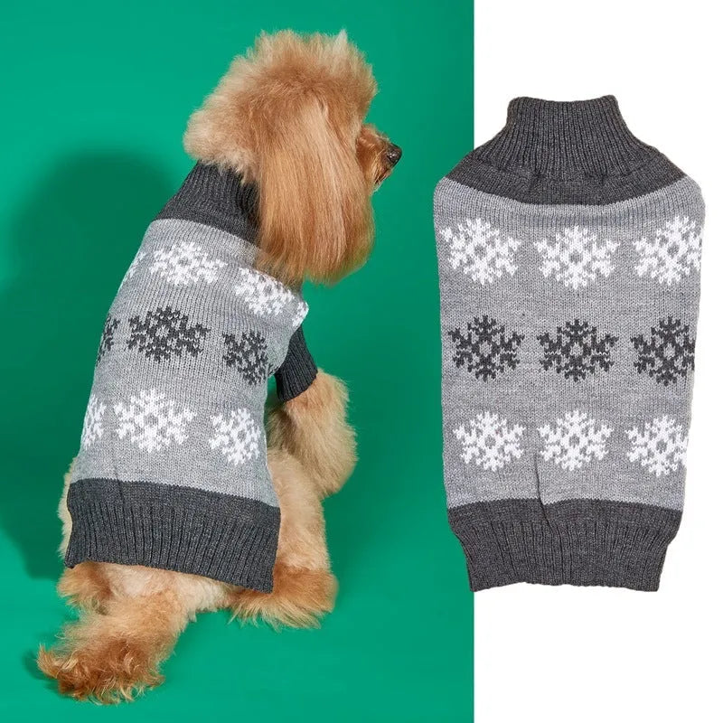 Grey and dark brown knitted acrylic dog Christmas sweater shown in various sizes from XXS to XL