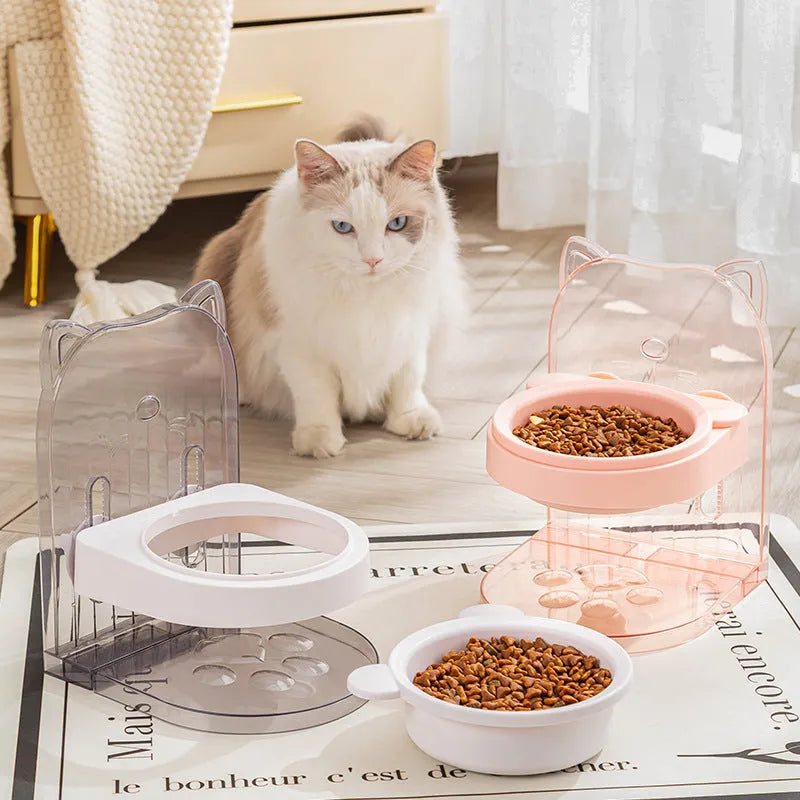 Adjustable height cat feeding bowl with neck protection and anti-spill design in grey colour
