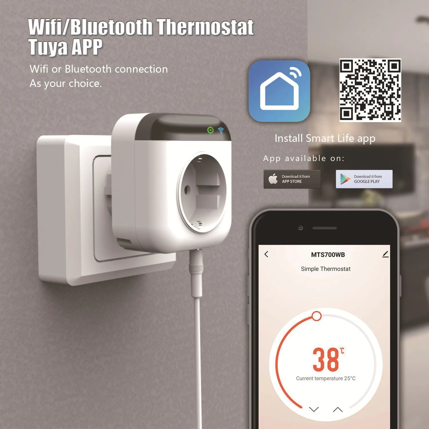 White Tuya temperature control smart socket with temperature sensor probe for US outlets