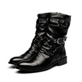 Men's black PU leather pointed toe wellingtons with side zipper and rubber sole