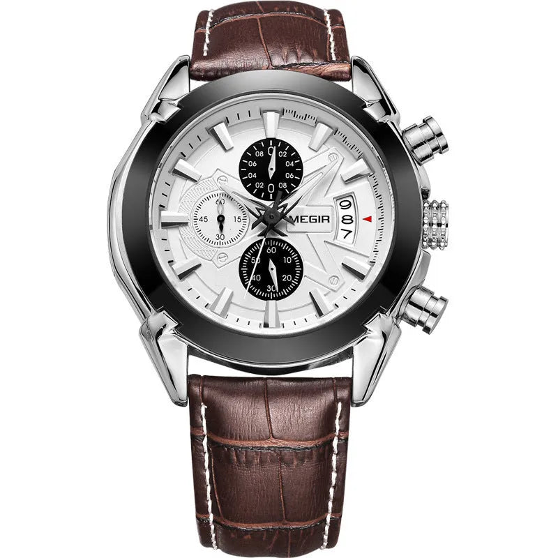 Men's multifunctional quartz watch with three subdials, six hands, luminous display, waterproof case