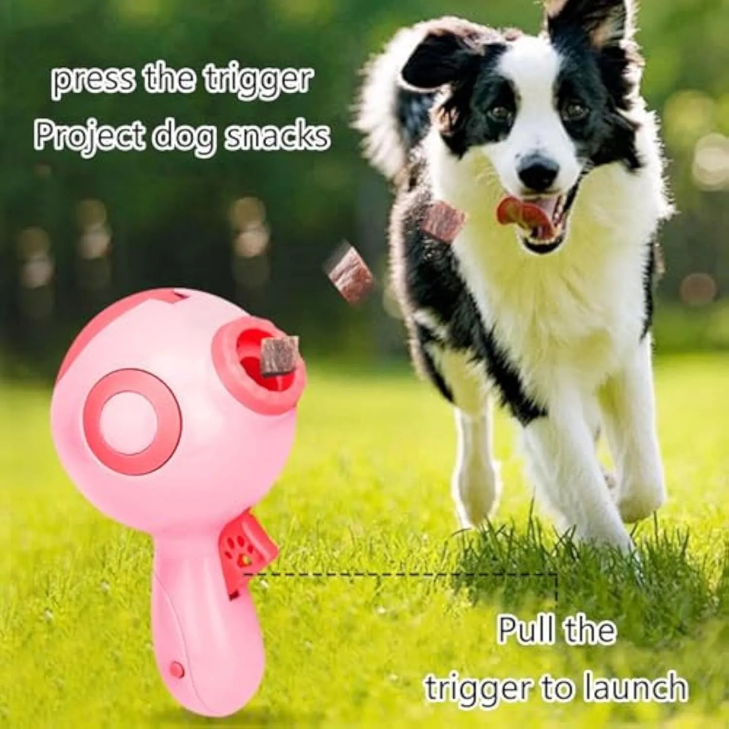 Green orange pink dog treat launcher toy measuring 15.5cm x 9cm x 8.5cm