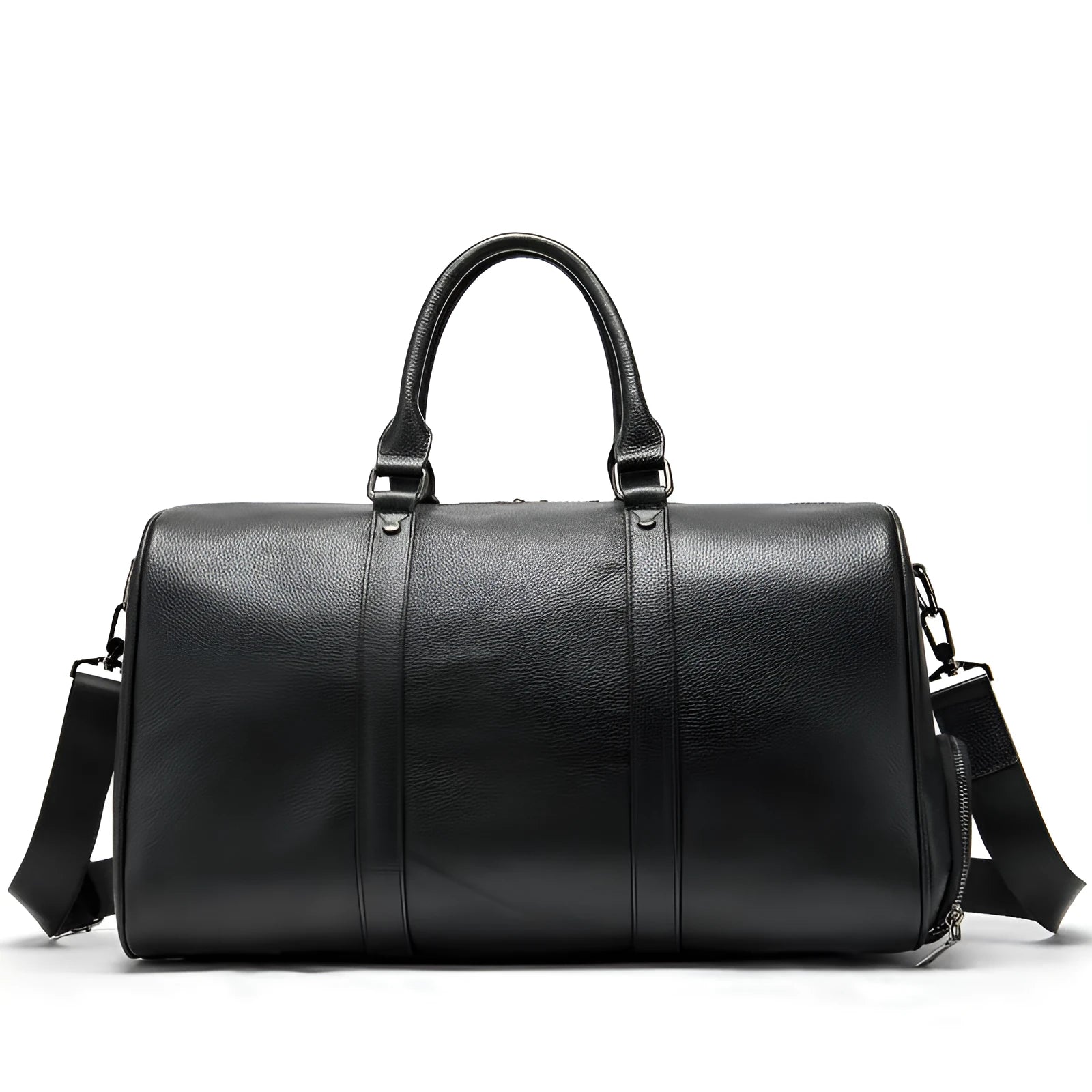 Men's leather excursion bag in black and coffee colours showing 44cm and 55cm size options