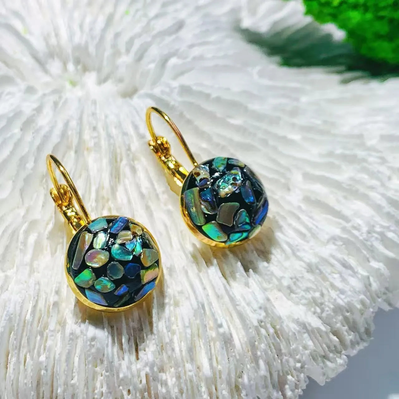 Handmade mother-of-pearl earrings for women with Chinese character Fu, Chanel style, snail ear clip