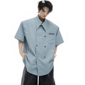 Men's loose fit short-sleeved summer shirt in high-count cotton blend with splicing detail and metal buttons