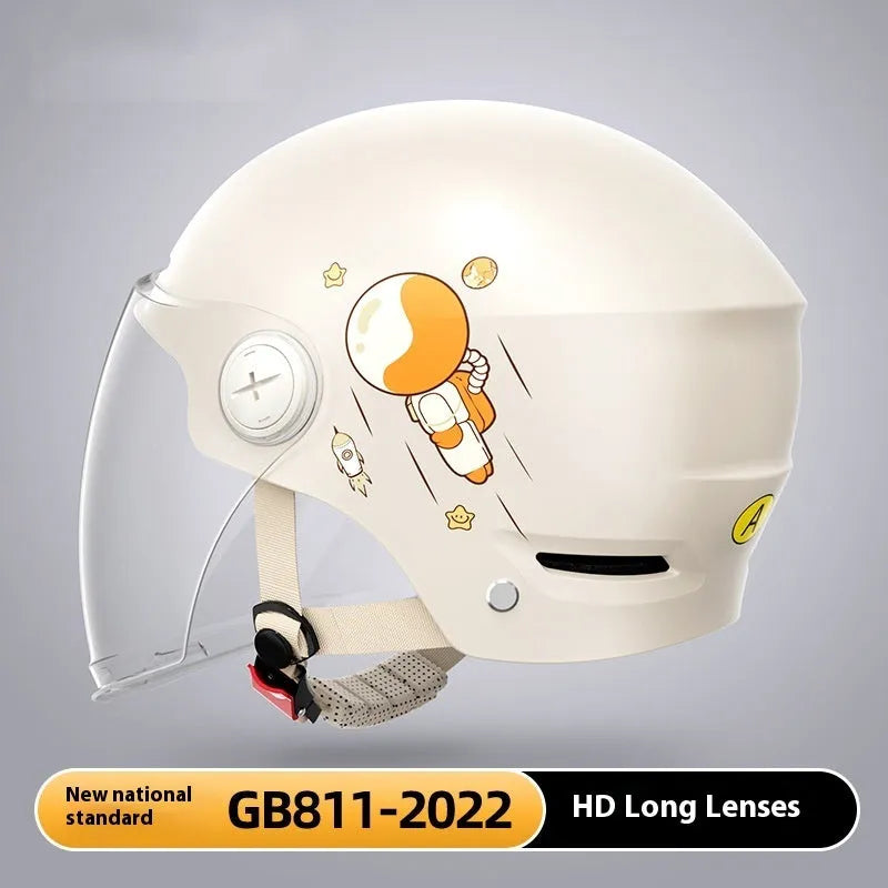 Khaki coloured motorcycle half helmet with a long visor on a solid background.