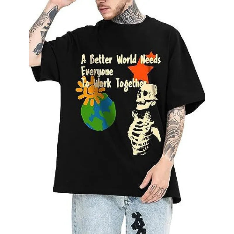 Men's grey printed street style short-sleeved sports T-shirt on a hanger.
