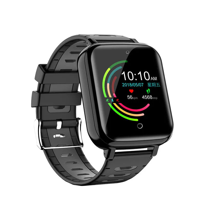 Video camera smartwatch with AI monitoring and GPS positioning, shown in blue on a wrist, with 1.54 TFT screen and TPU band