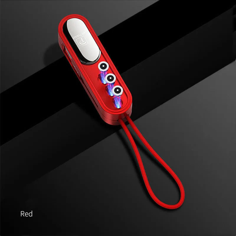 Black magnetic three-in-one USB charging cable with 0.4 metre length shown alongside white and red colour options