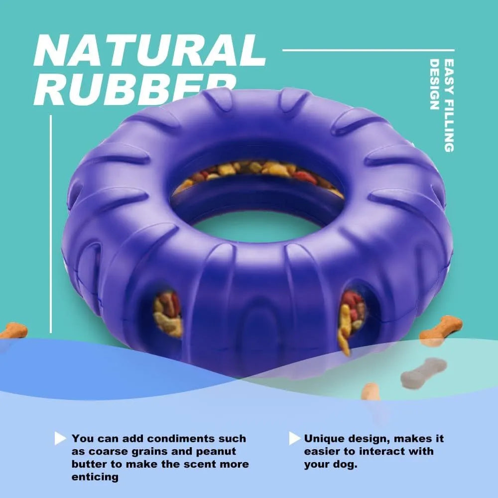 Blue natural rubber tyre-shaped dog chew toy with six oval openings, shown next to a red and green version.