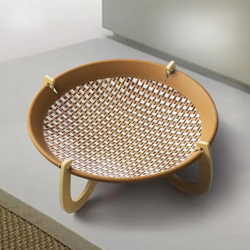 Brown woven rattan pet hammock bed measuring 46cm square with raised platform design