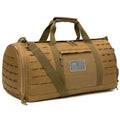 Large khaki men's waterproof sports duffel bag with air cushion shoulder strap, shown next to gym equipment.