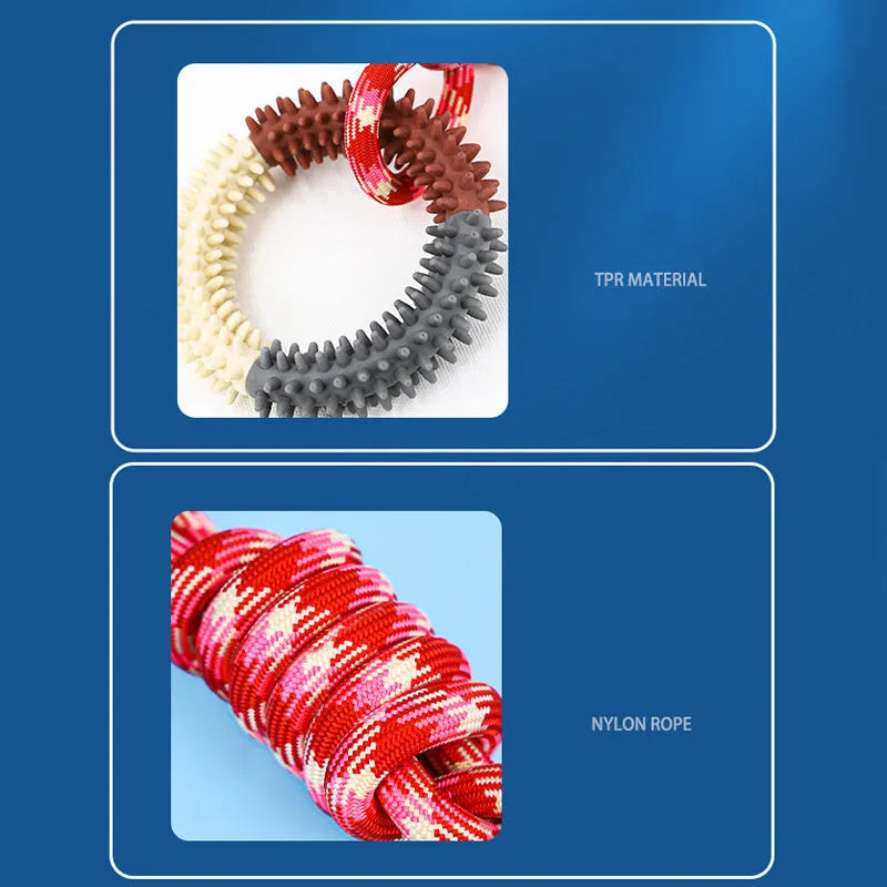 Colourful blue braided rope dog toy with multiple knots, shown on a plain background.