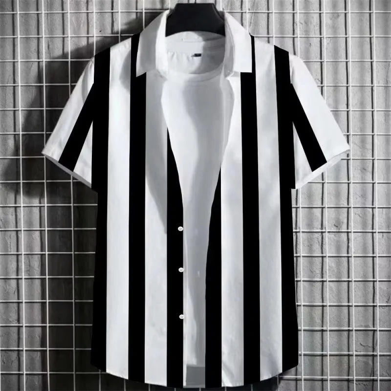Man wearing a linen short sleeve t-shirt with a 3D printed colour simple striped pattern.
