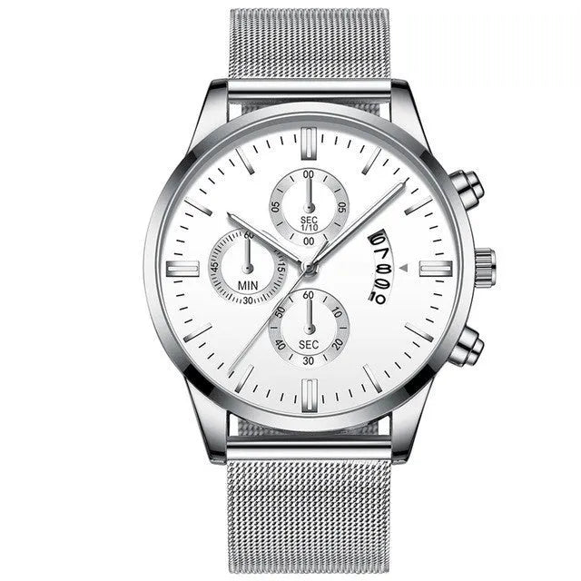Men's stainless steel mesh band quartz watch showing analogue dial and choice of colour finishes.