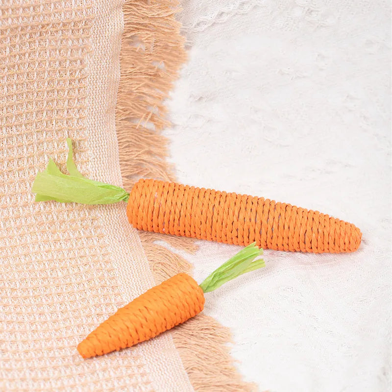 Cat toy set with plastic biting rings, textured grinding sticks, paper carrots, and extended play sticks