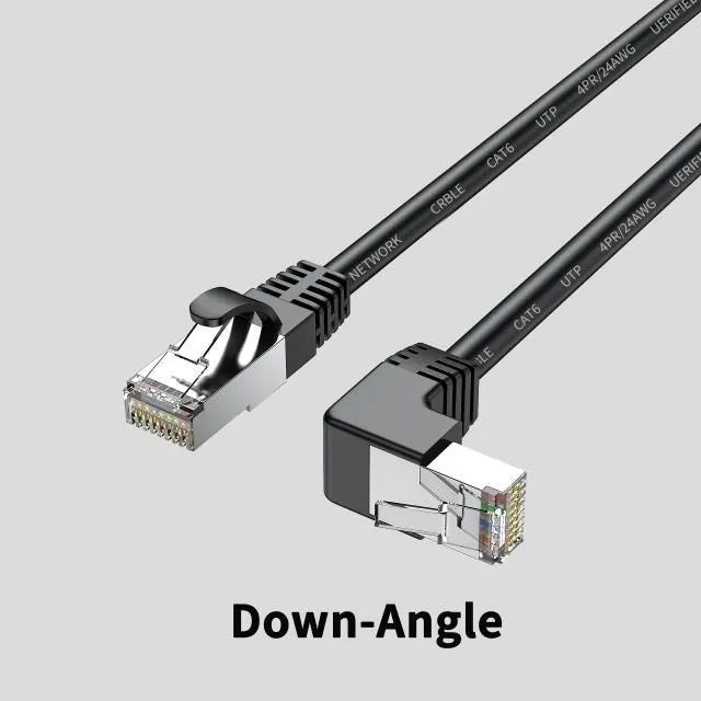 Cat6 Ethernet cable with right-angled metal RJ45 connectors in various colours including black, white, orange, and yellow.