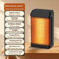 Black remote control desktop heater showing compact size and front control knob.