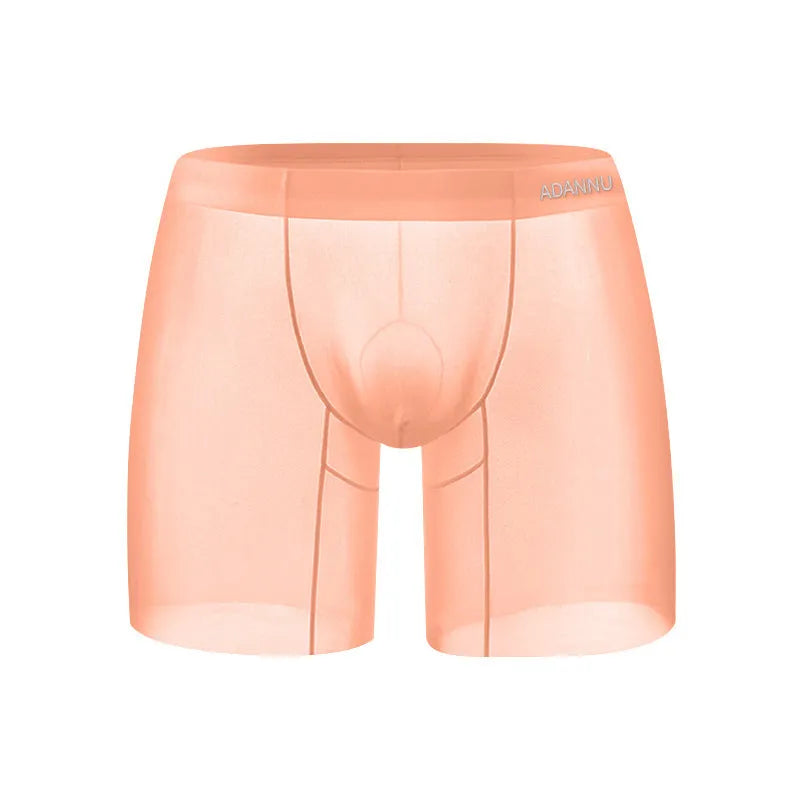 Men's ice silk nylon boxer shorts in orange, pink and red colours with low-waist design