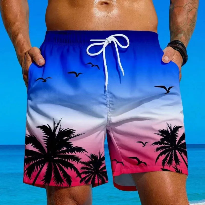 Men's loose board swimming trunks in an ethnic style, made from blue polyester fabric, shown on a size chart.
