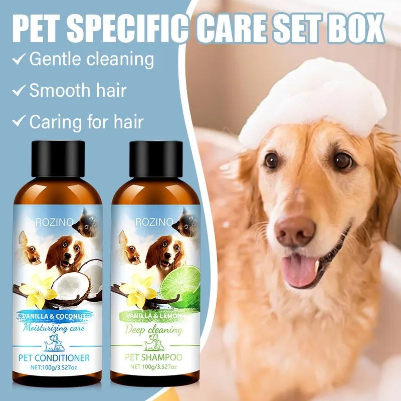 Pet wash nursing suite shampoo and conditioner set in two plastic bottles with labels