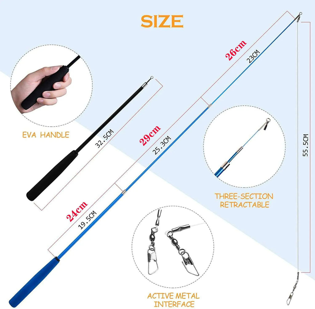 Cat teasing pole set with two handheld poles and ten feather replacement heads
