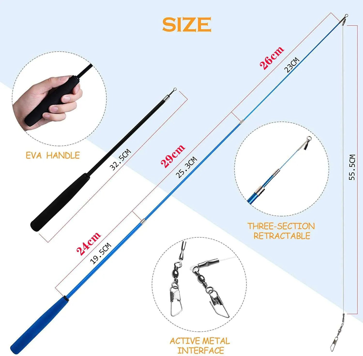 Cat teasing pole set with two handheld poles and ten feather replacement heads