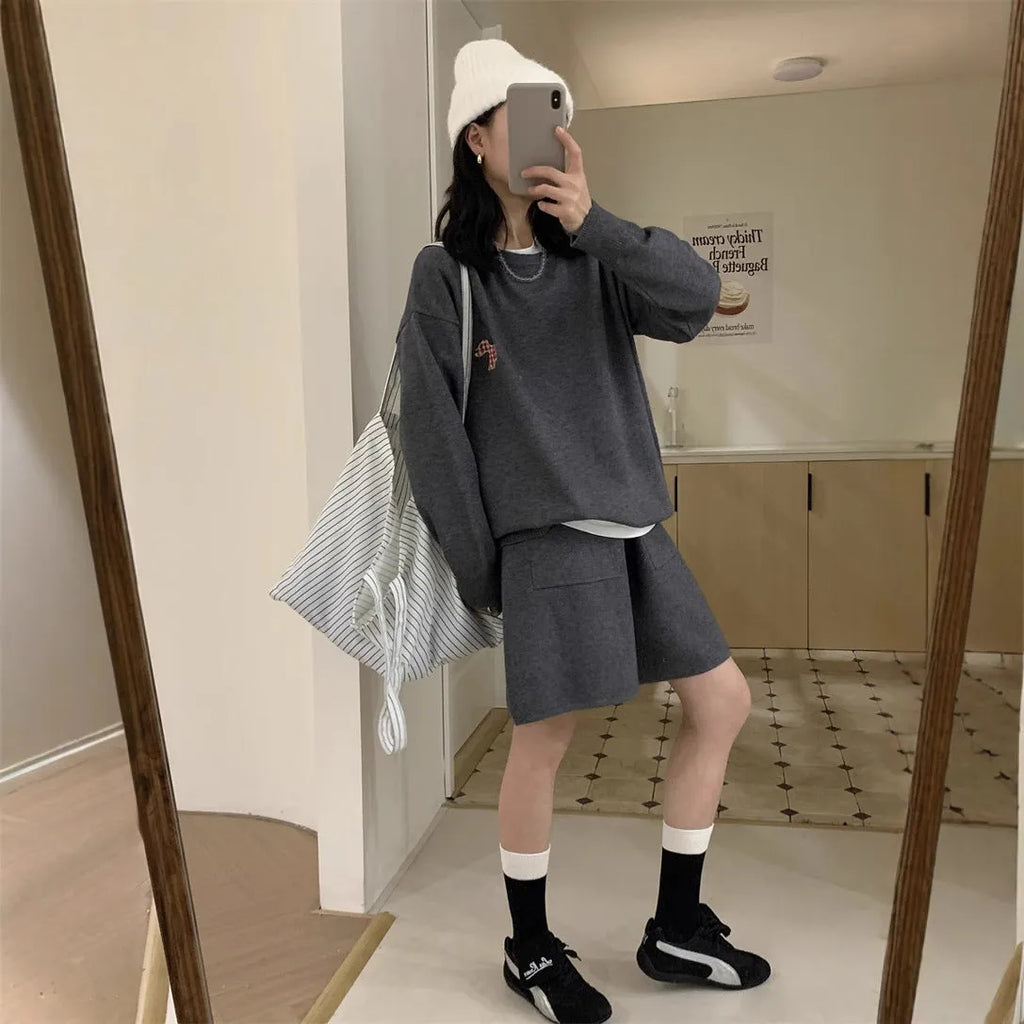 Women's milk blue knitted sweater and shorts set with animal embroidery, Japanese Korean casual style.