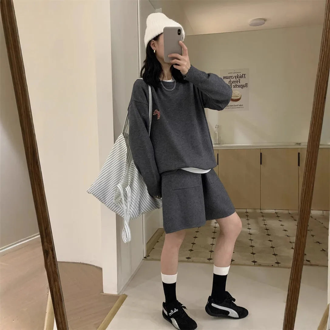 Women's milk blue knitted sweater and shorts set with animal embroidery, Japanese Korean casual style.
