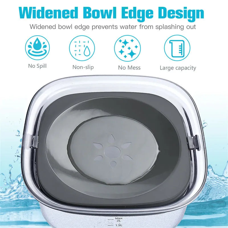 70oz Large Capacity Dog Water Bowl with Spill Proof Design, 2L Transparent Visible Water Level Slow Drinking Bowl for Dogs and Cats, Antispill Non-Slip Silicone Plugs and Frosted Bottom for Clean Floors