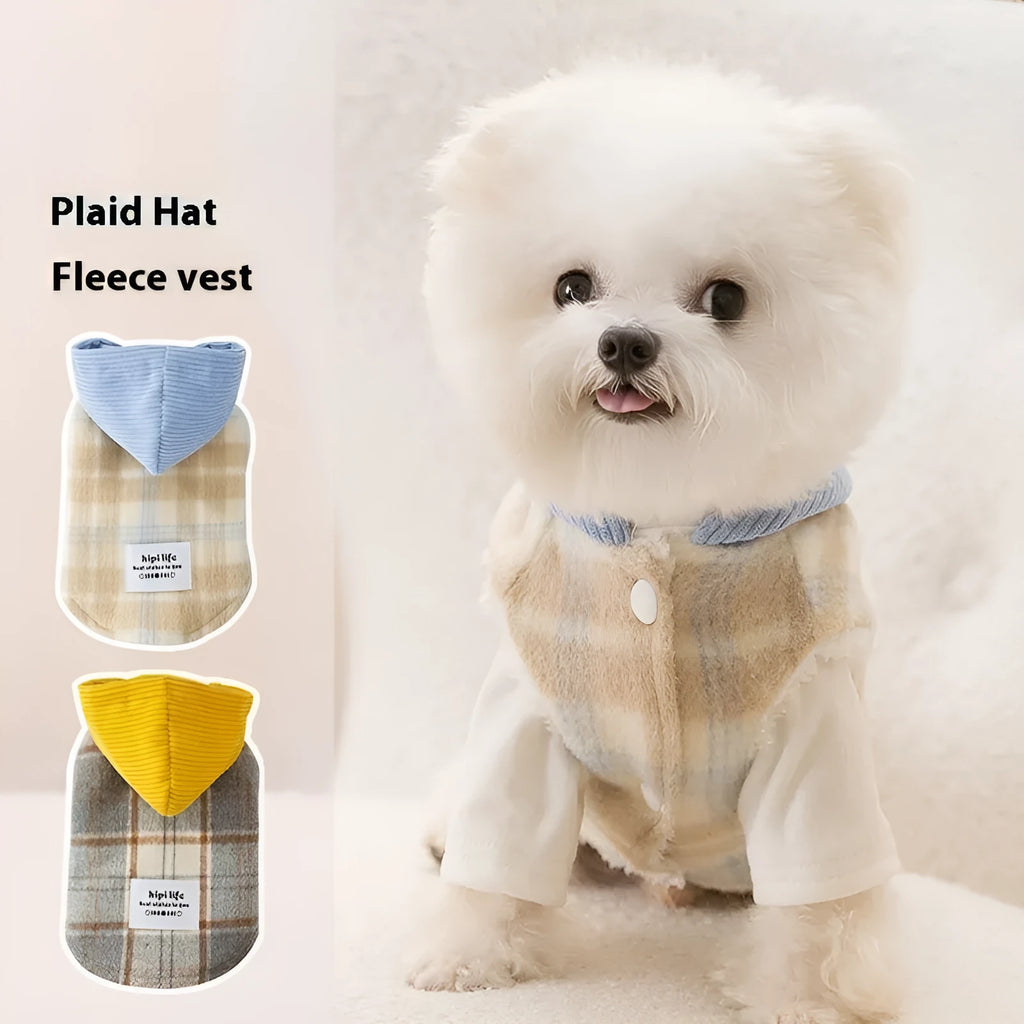 Blue corduroy dog hoodie with chessboard grid pattern and hooded traction design