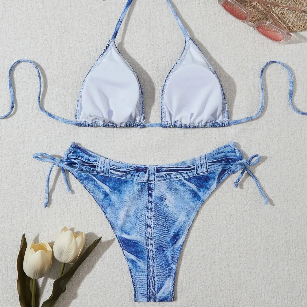 Women's denim blue printed halter neck bikini set with adjustable side-tie briefs