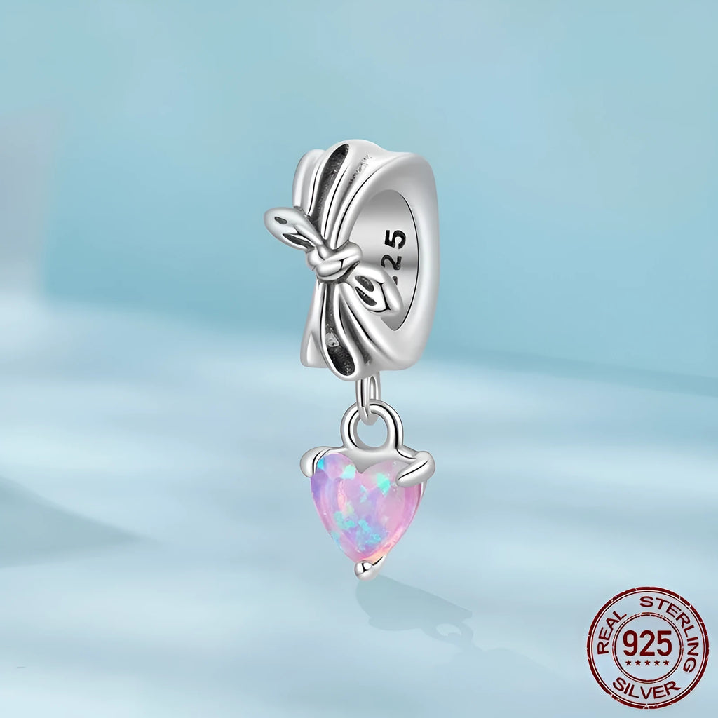 S925 sterling silver loving heart bead with opal bow inlay, 1.6x0.6cm, 0.45cm aperture