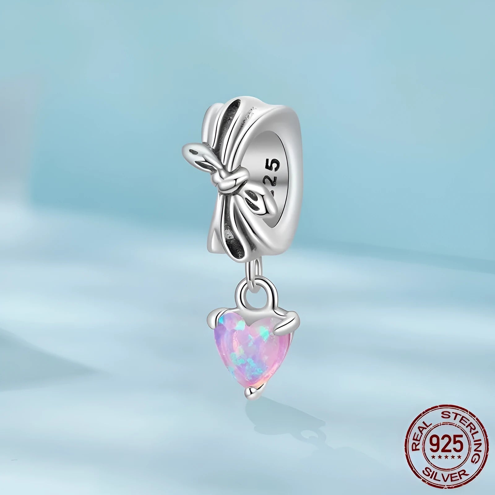 S925 sterling silver loving heart bead with opal bow inlay, 1.6x0.6cm, 0.45cm aperture