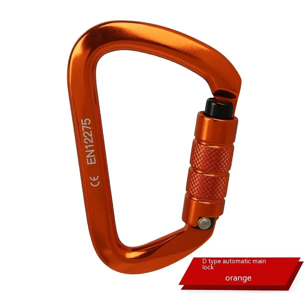D-shaped locking climbing carabiner main lock in silver red colour with automatic gate closure.