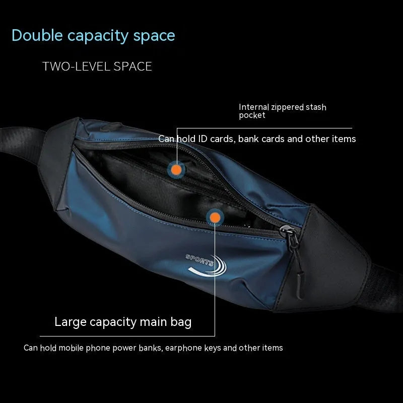 Men's waterproof waist bag in Derm Oxford polyester showing compact 45cm design