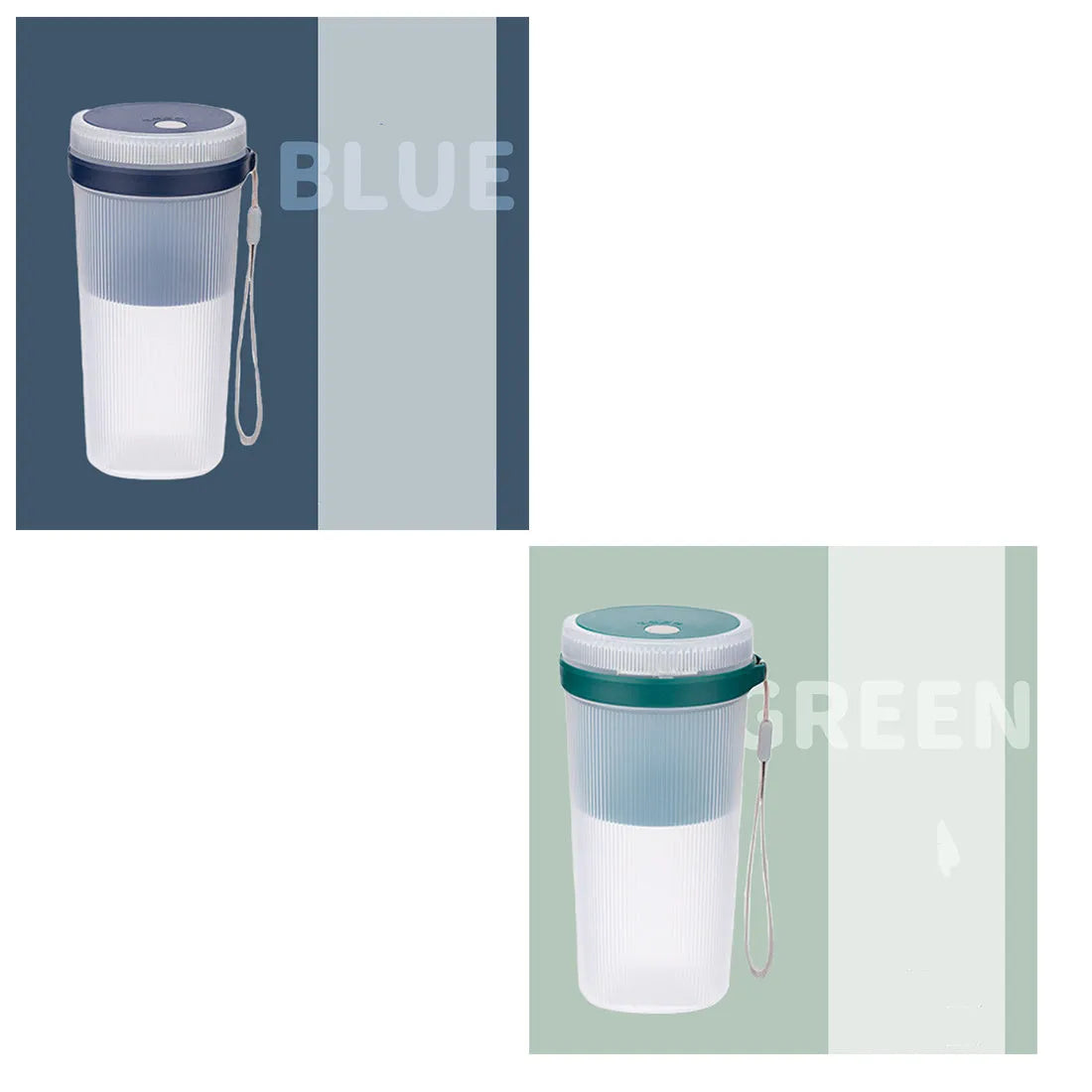 Portable electric blender cup in blue, green, or pink with USB charging cable.