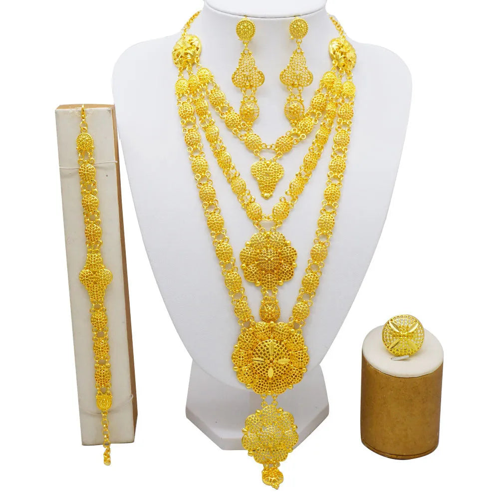 Dubai golden tassel jewellery set including necklace, earrings, bracelet, and ring with water wave chain, alloy construction