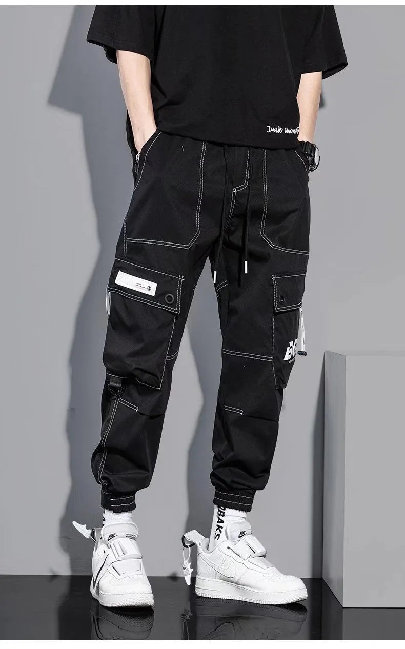 Men's loose fit polyester solid colour trousers in black or gray, autumn casual style, size S to 5XL