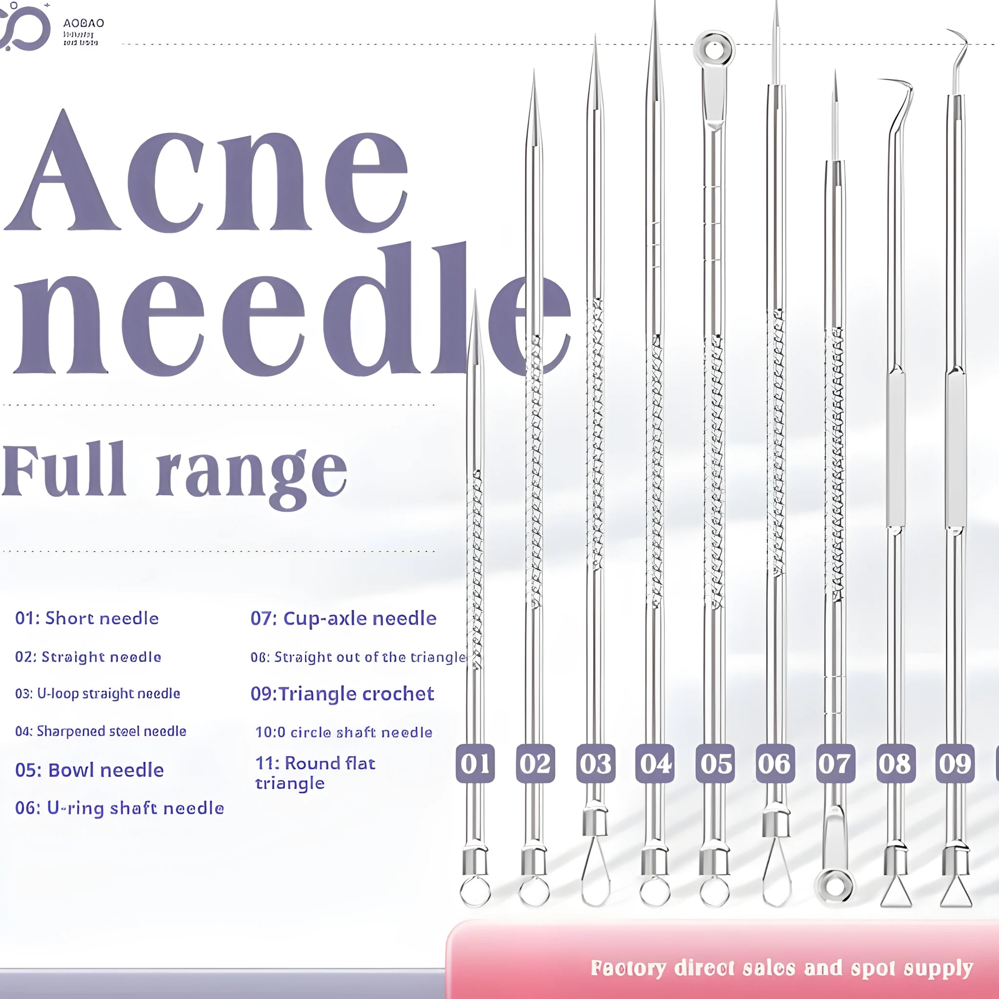 Four silver metal acne needles with fine pointed tips laid out on a flat surface.