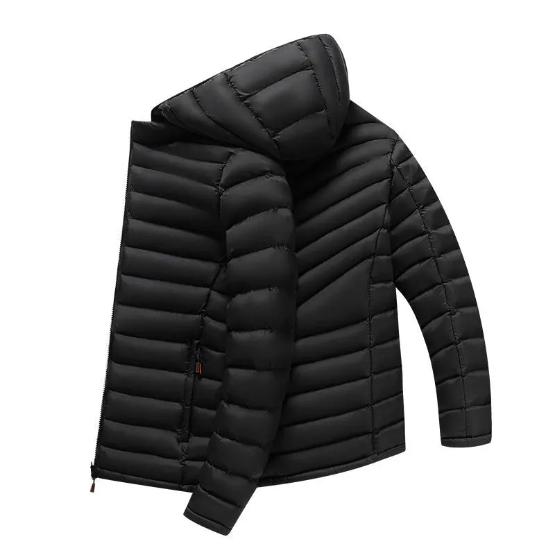 Men's lightweight hooded down jacket in army green with detachable collar and zipper pockets