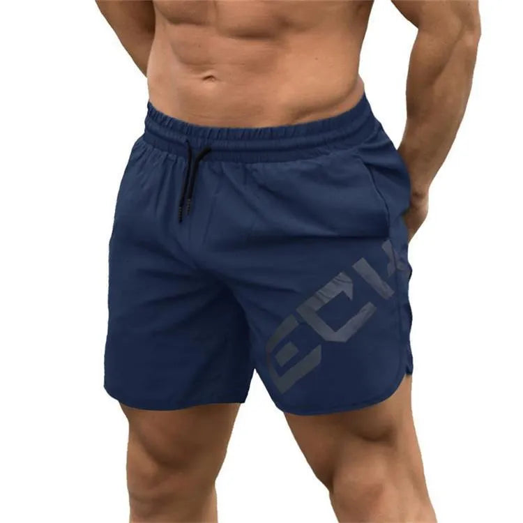 Men's black elastic running shorts with a mid-waist and knee-length cut on a plain background.
