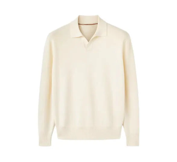 Pure wool polo sweater with a lapel collar in loose fit, shown in Navy Blue.