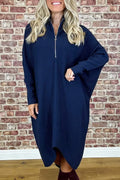 Women's solid colour loose knitted dress with raglan sleeves and a zipper detail.