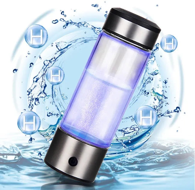 Silver hydrogen water generator bottle with 420ml capacity, high borosilicate glass body and USB charging port