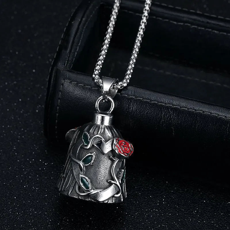 Titanium steel motorcycle lucky bell pendant with geometric shape and double-sided epoxy rose design