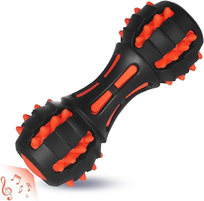 Red rubber dumbbell-shaped dog chew toy for aggressive chewers with natural rubber construction